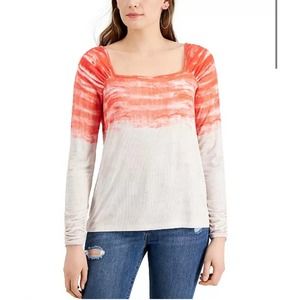Fever Orange Beige Tie Dye Long Sleeve Square Neck Ribbed Top Womens XL New
